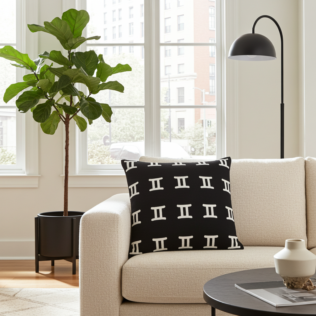 Living room with a beige sofa, black pillow with white gemini symbols, and a plant.