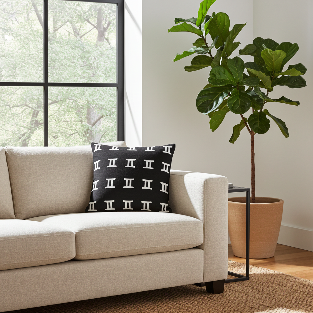 Beige sofa with a black pillow featuring white gemini symbols, next to a potted plant in a living room.