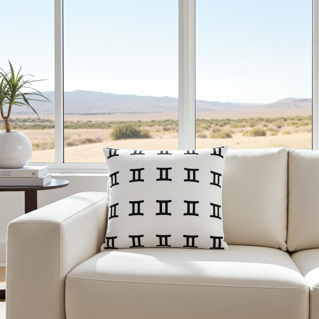 Decorative pillow with black Gemini pattern on a beige sofa in a room with large windows showing a desert landscape.