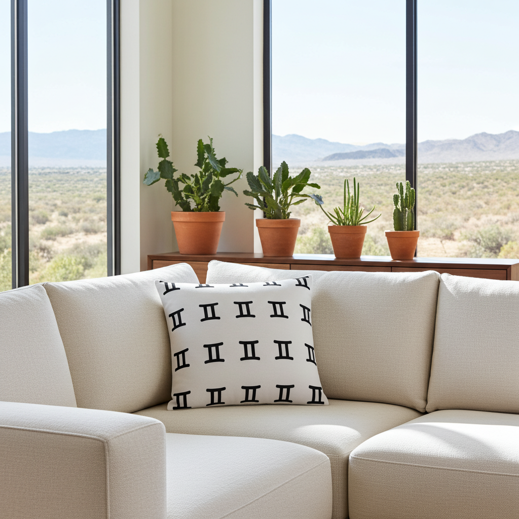 A cream-colored sectional sofa in a bright, modern room with large windows overlooking a desert landscape. A white throw pillow with a black Gemini pattern rests on the sofa, and three potted cacti sit on a wooden console table in the background.