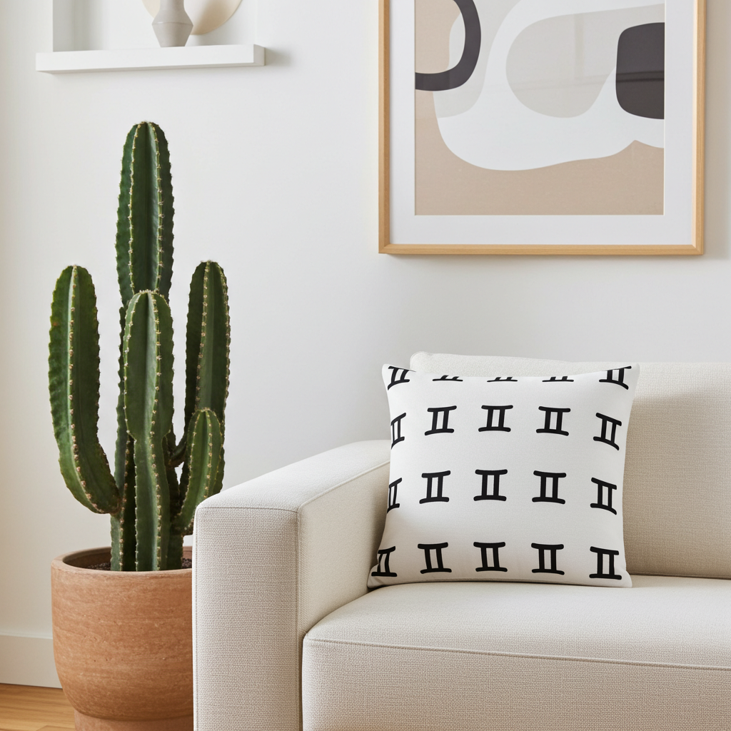 Decorative pillow with black gemini pattern on a beige couch next to a potted cactus.