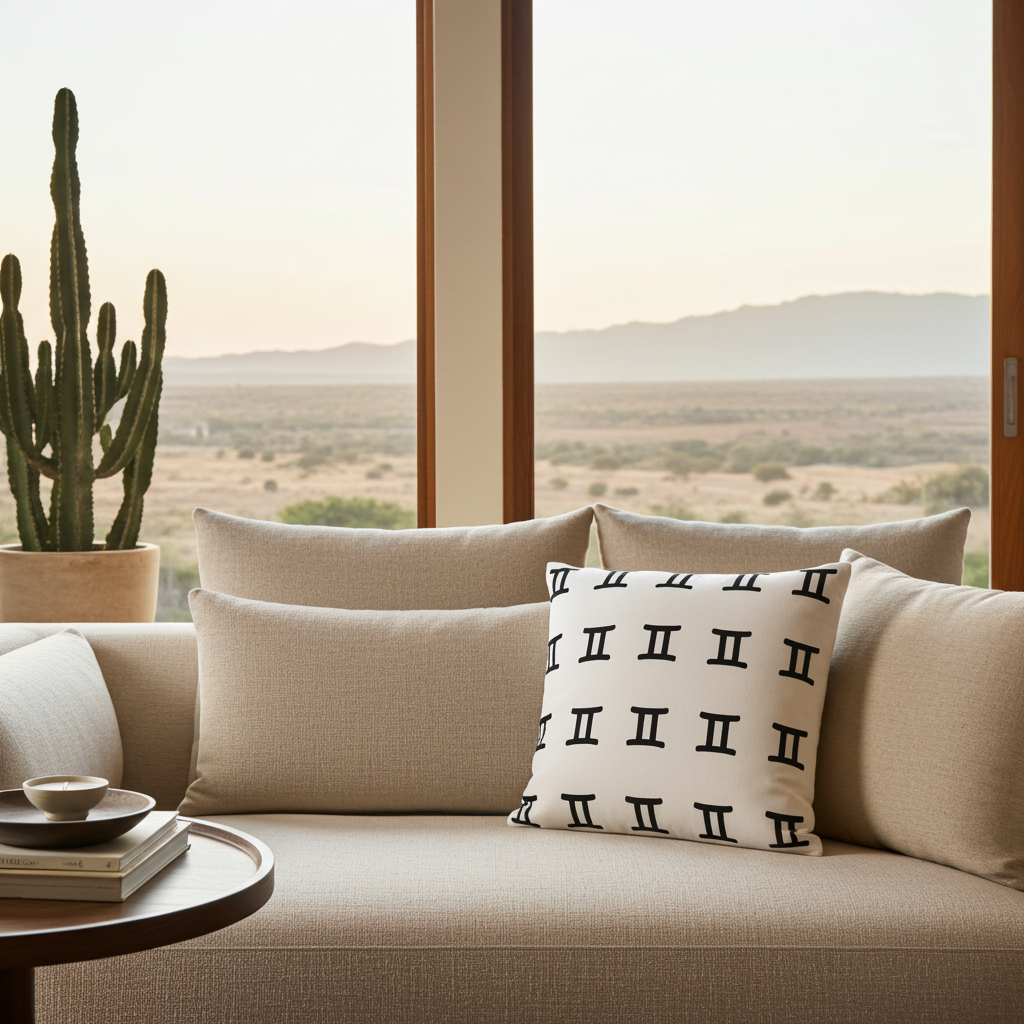 Beige sofa with patterned Gemini pillow and cactus plant in a room with large windows showing a desert view.