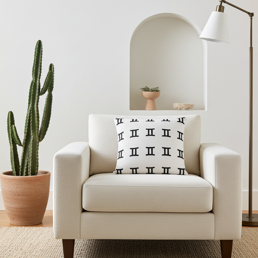 Beige armchair with a decorative gemini pillow in a living room setting