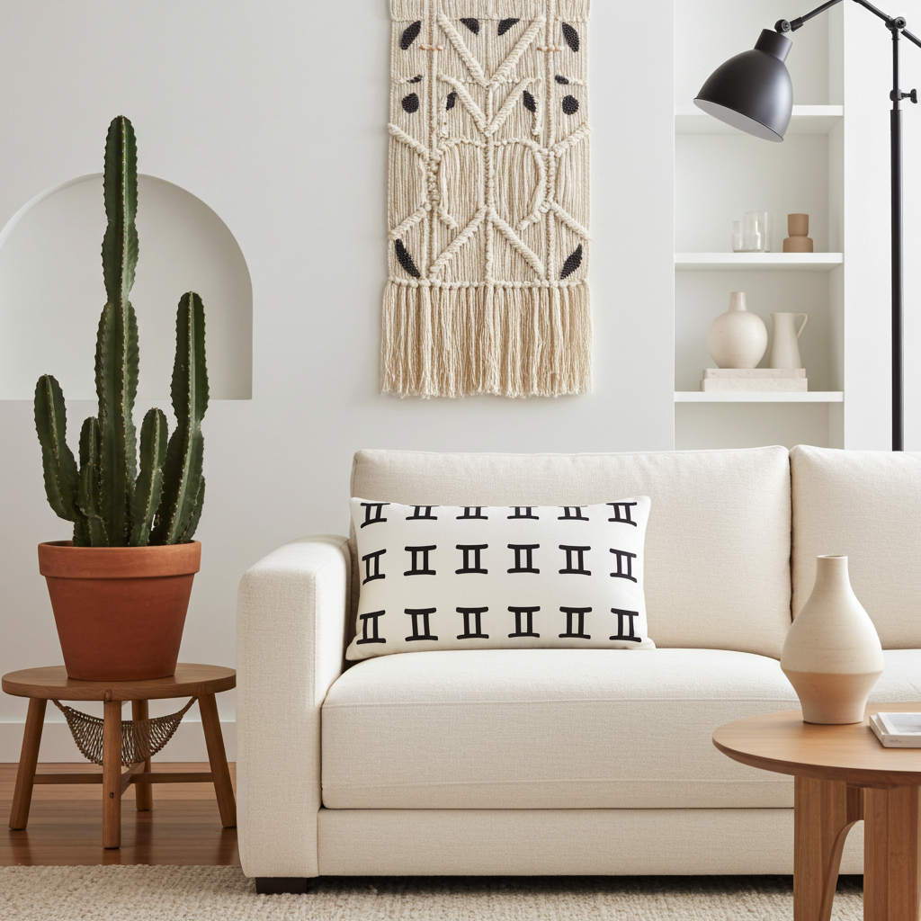 Living room with a beige sofa, decorative gemini pillow, potted cactus, and wall art.