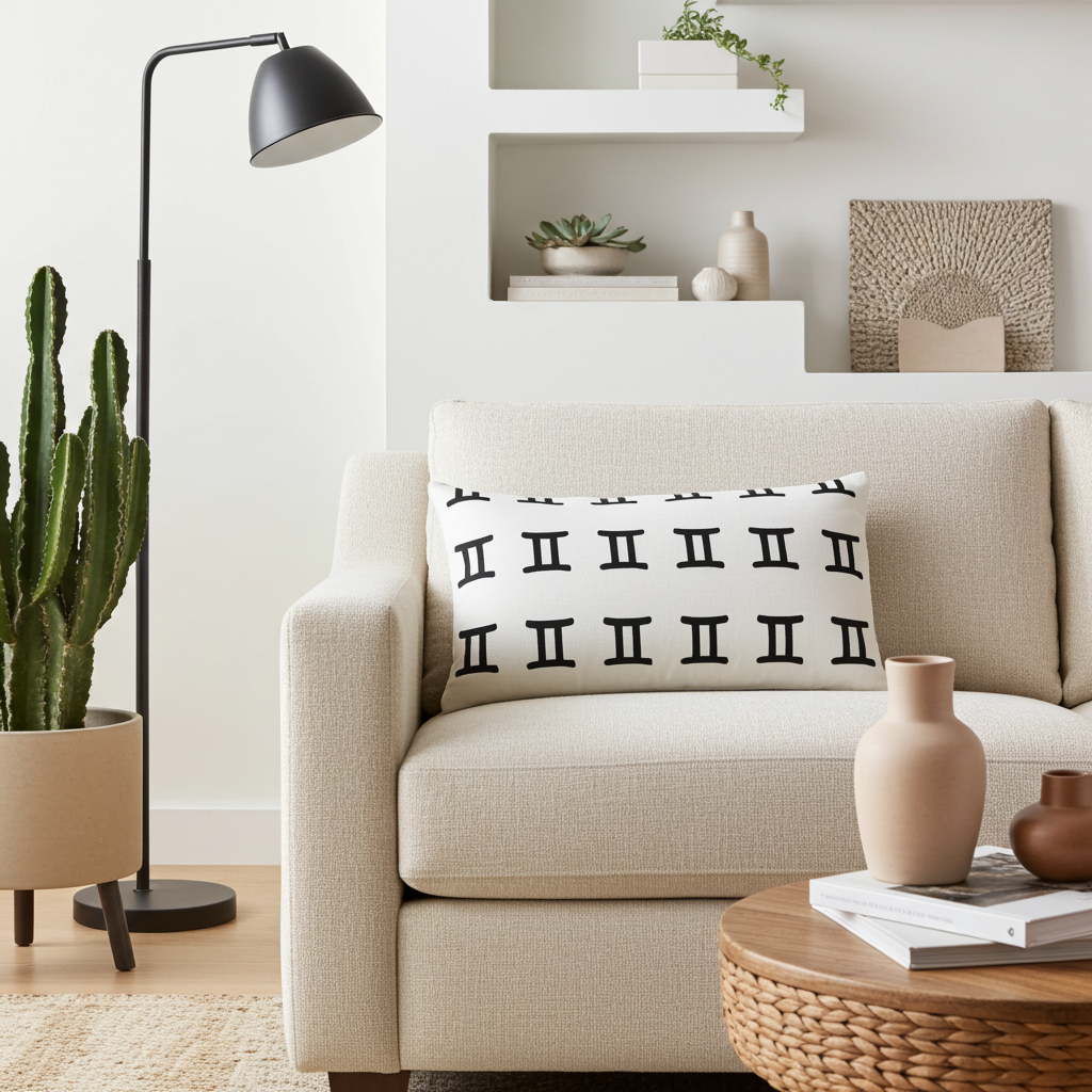 Beige sofa with decorative gemini pillow in a living room setting with a cactus plant and a lamp.