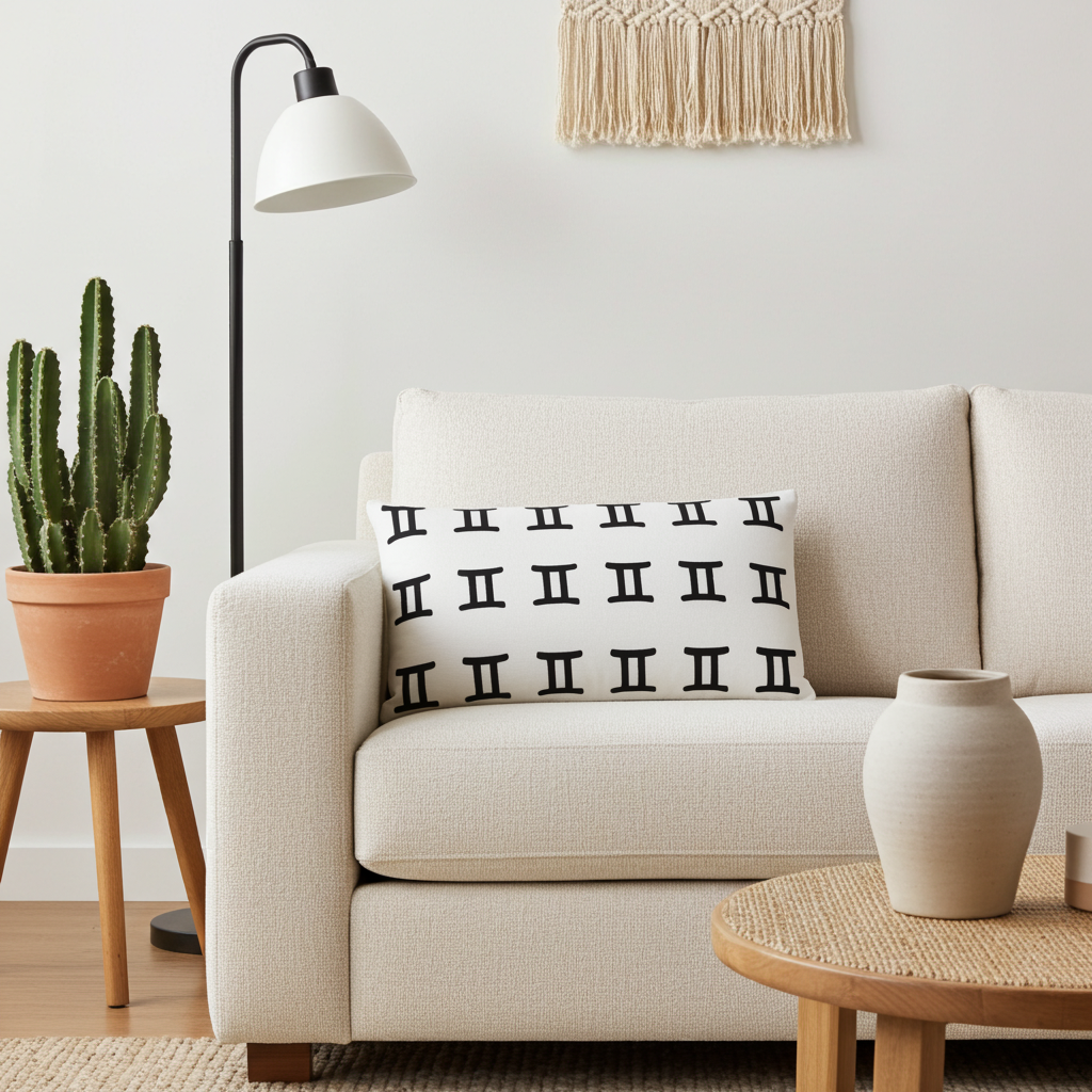Beige sofa with a decorative gemini pillow featuring black symbols, potted cactus, and lamp in a living room setting.