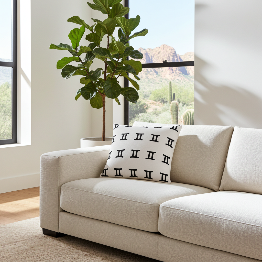 A modern beige fabric sofa in a bright living room, styled with a white throw pillow featuring a black Gemini letter pattern. A potted fiddle-leaf fig plant stands next to a window with a desert mountain landscape view.