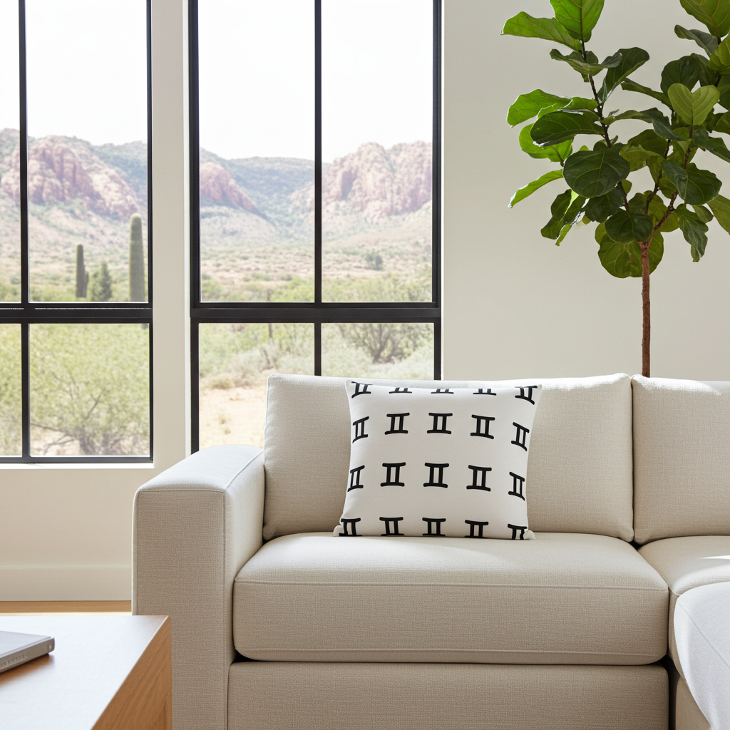 A modern cream-colored sectional sofa in a bright living room, featuring a white throw pillow with a black Gemini letter pattern. Large black-framed windows behind the sofa offer a scenic view of desert mountains, and a tall green plant stands to the right.