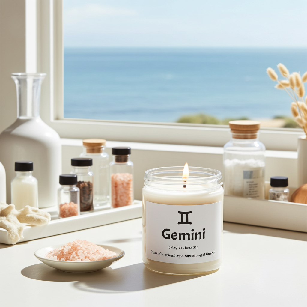 Candle labeled 'Gemini' on a table with sea salt and an ocean view.