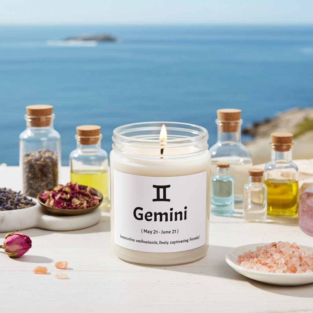 Candle labeled 'Gemini' on a table with sea salt and an ocean view.