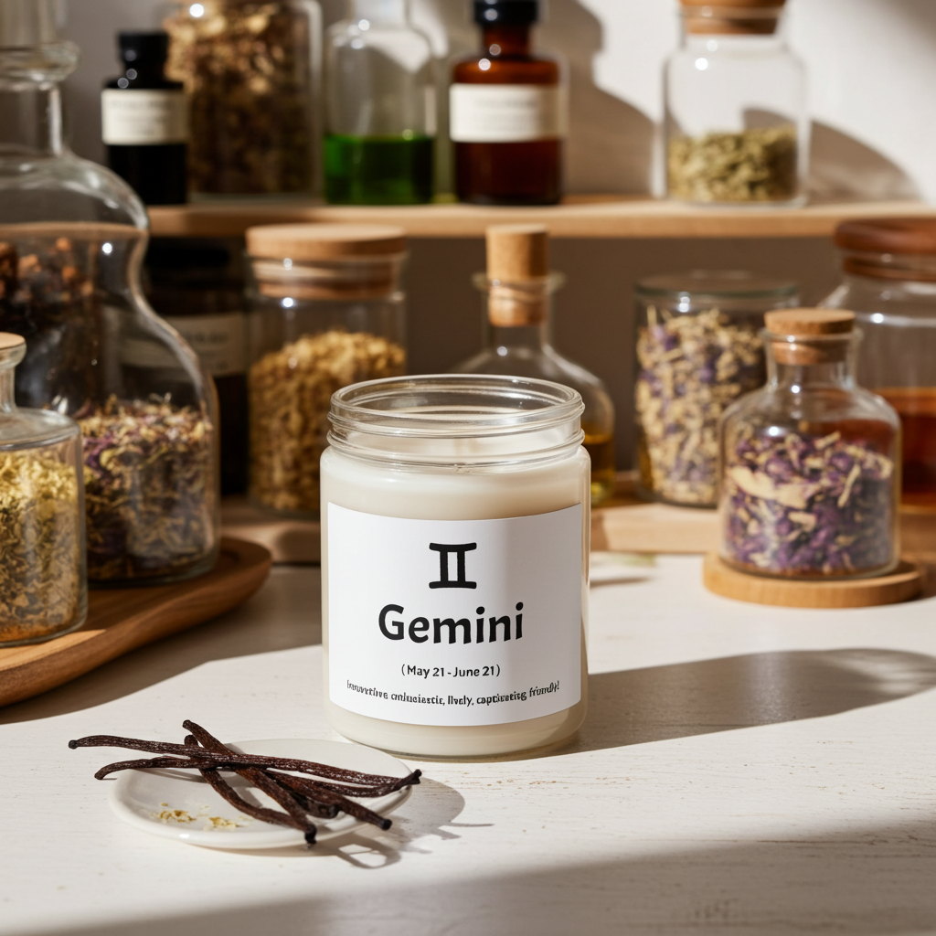 Candle labeled 'Gemini' on a table with apothecary igredients.