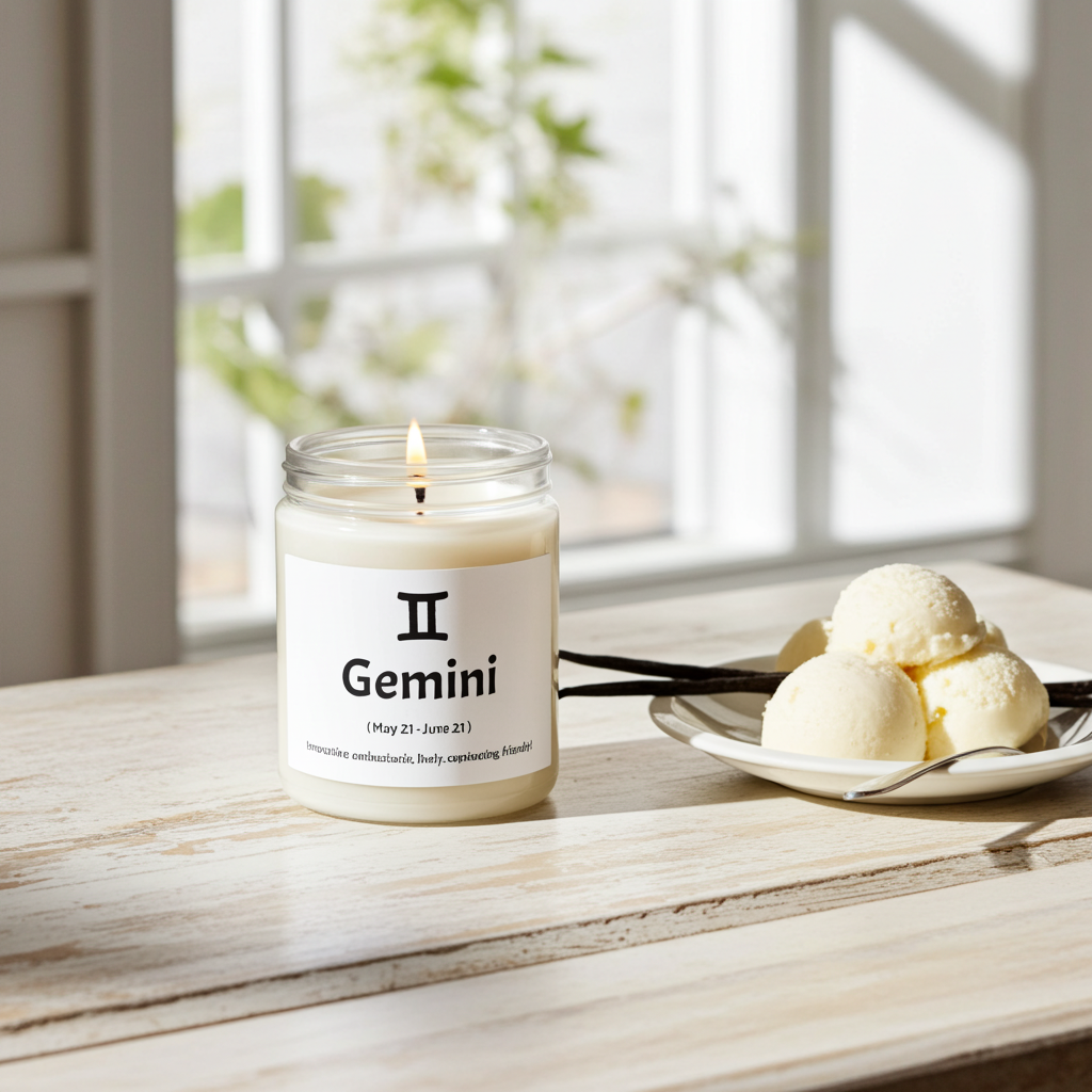Candle labeled 'Gemini' on a table next to vanilla beans and ice cream.