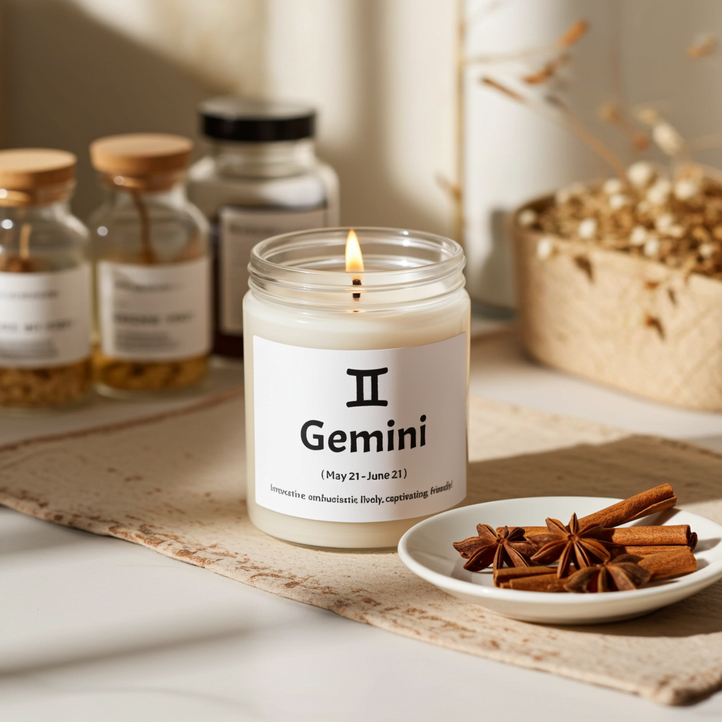 Candle labeled 'Gemini' on a table next to warm spices.