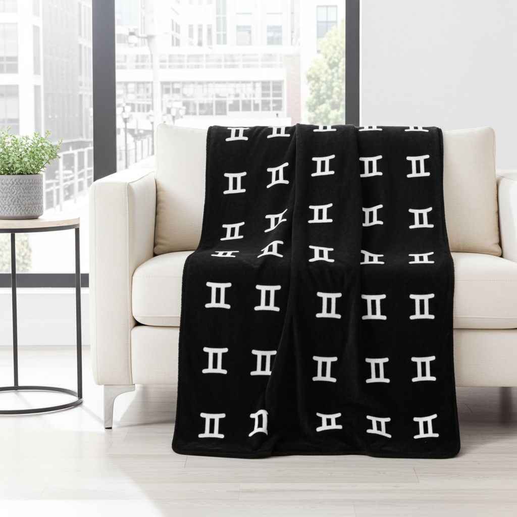 Black blanket with white Gemini symbol pattern draped over a white couch in a bright room.