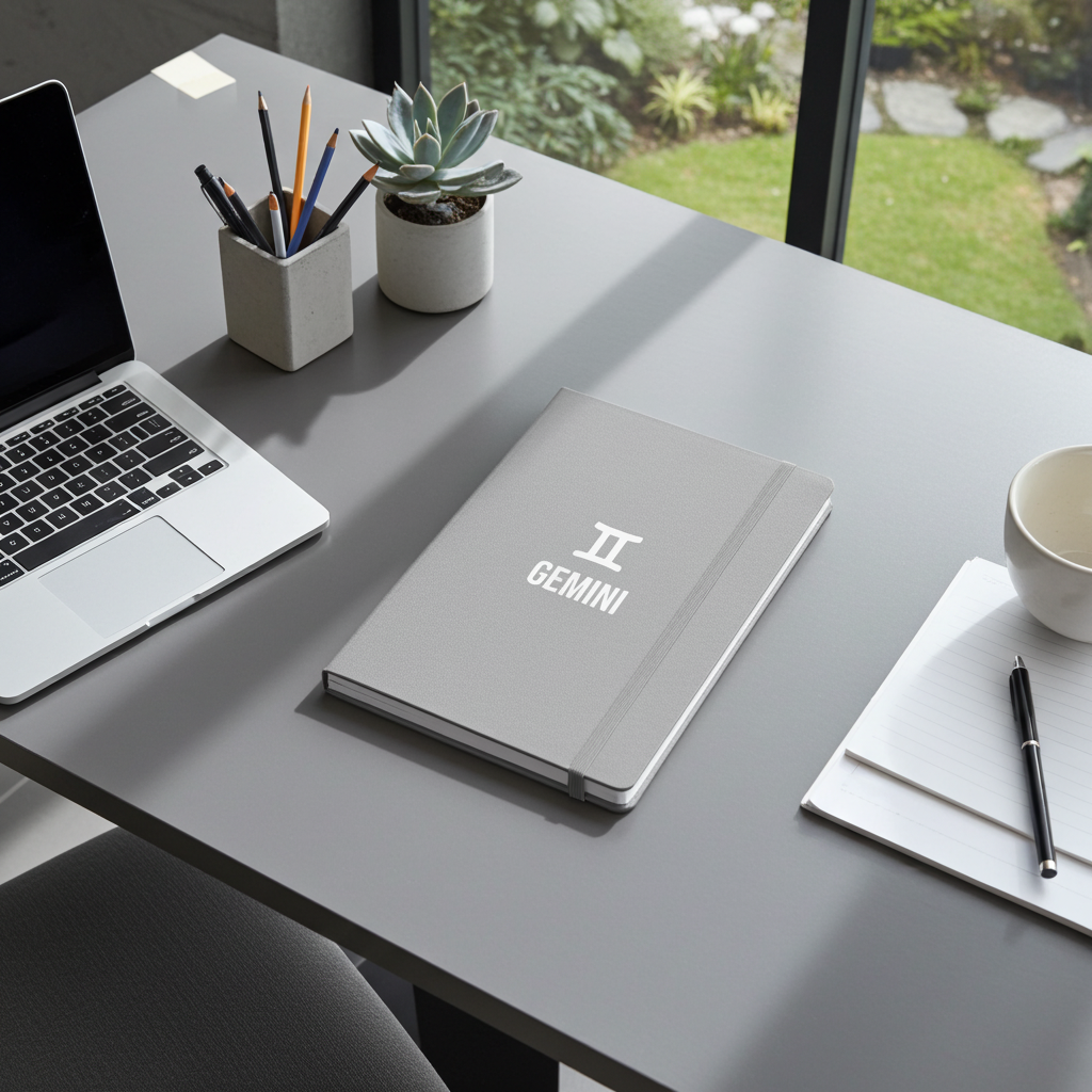 Desk setup with a laptop, notebook labeled 'Gemini', and office supplies on a light gray surface.