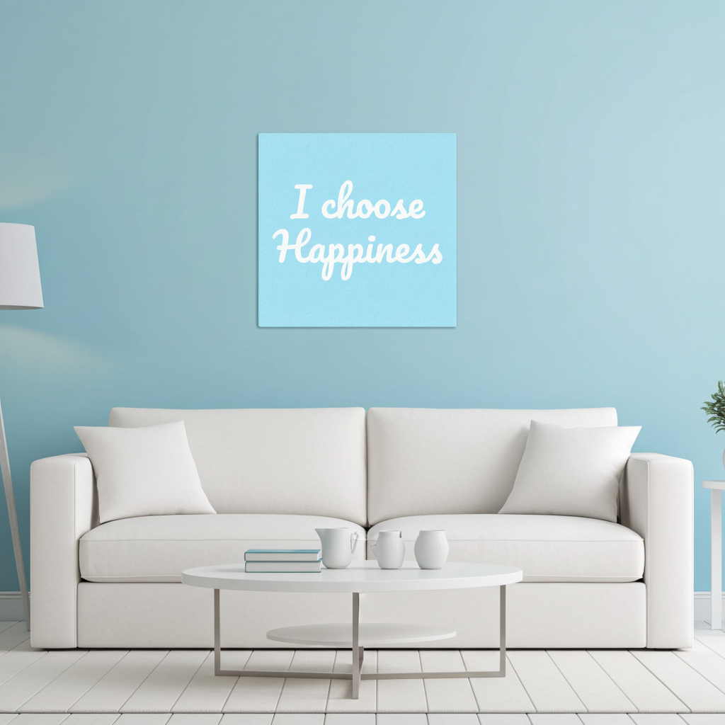 White sofa in a room with a light blue wall and a motivational blue canvas.