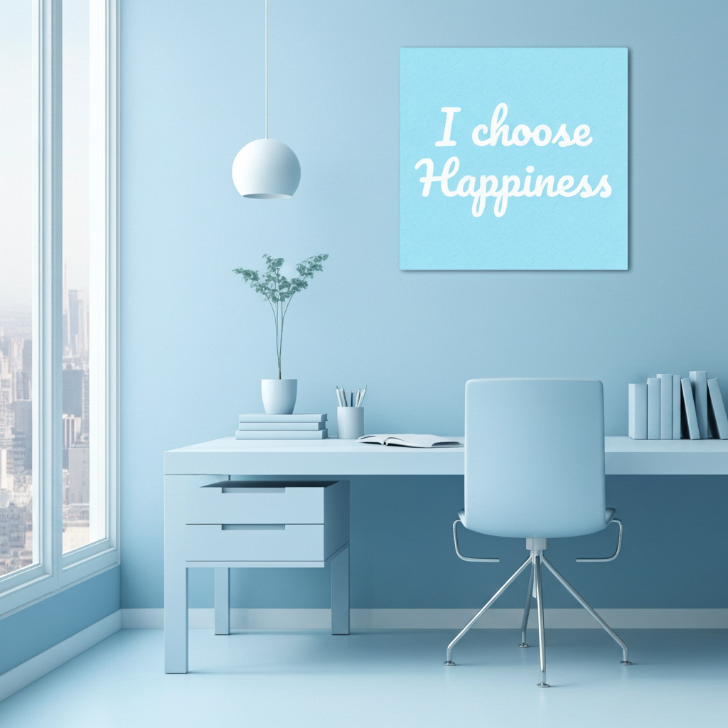 Modern office with a desk, chair, and motivational canvas on a light blue wall.
