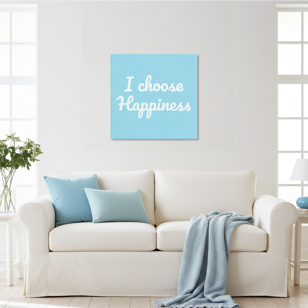 Light blue wall art with 'I choose Happiness' text above a white sofa with blue pillows and blanket.