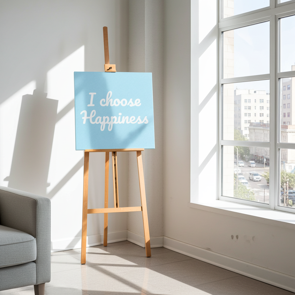 Light blue sign with 'I choose Happiness' text on a wooden easel in a bright room with a window.