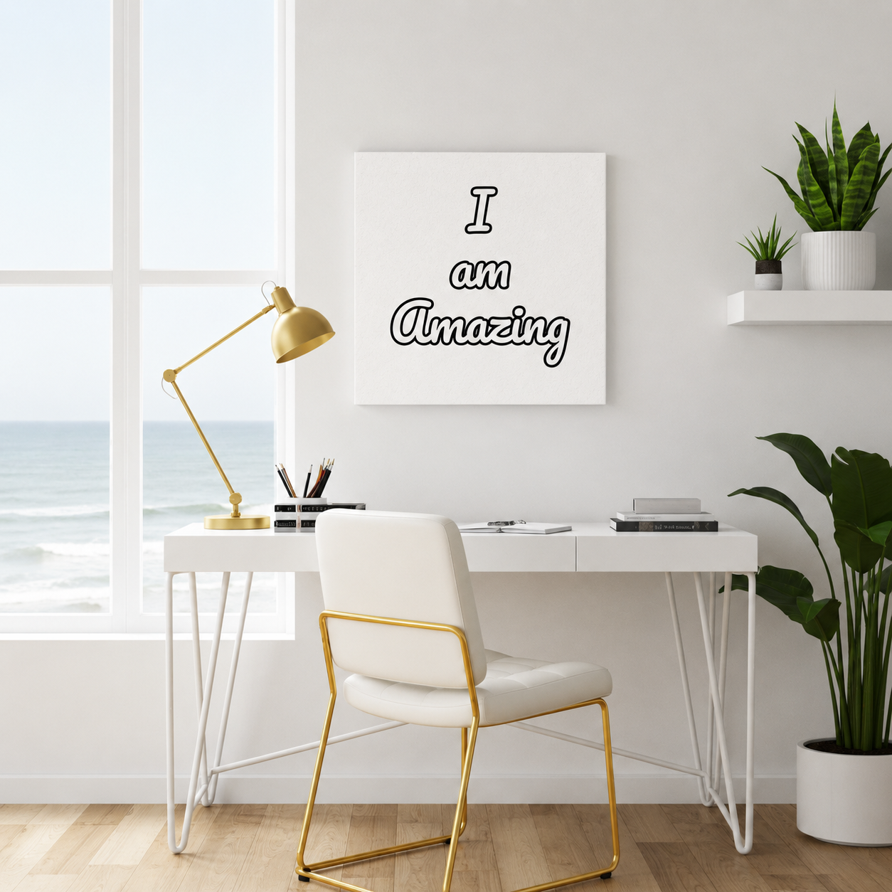 Modern home office with a desk, chair, lamp, and motivational canvas.