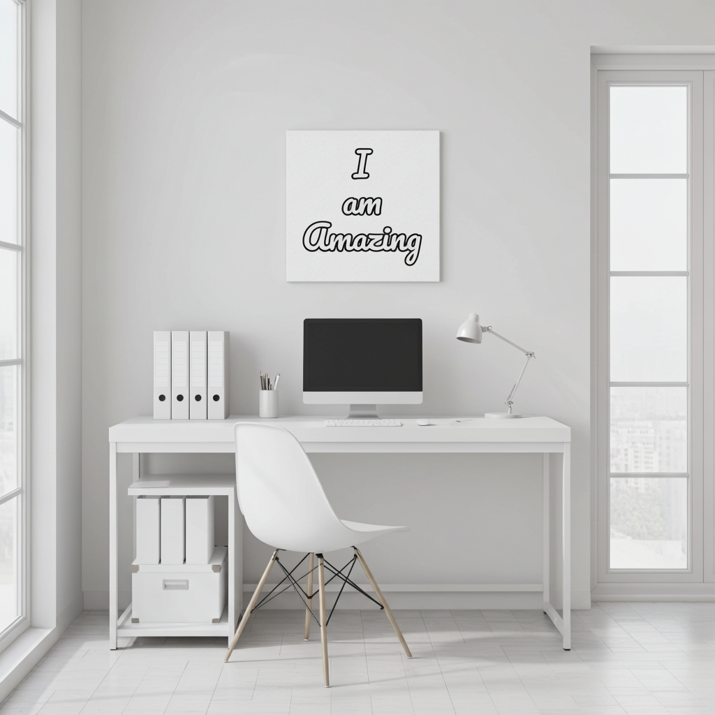 Modern office setup with a desk, chair, computer, and motivational canvas on a white wall.