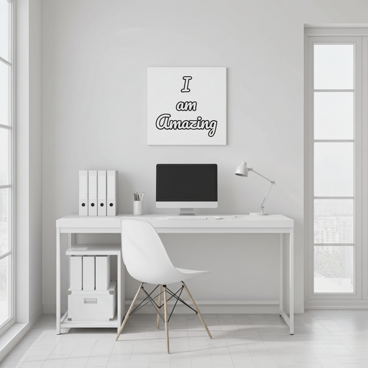 Modern office setup with a desk, chair, computer, and motivational canvas on a white wall.