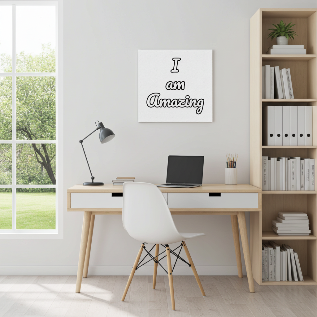 Home office with desk, chair, laptop, lamp, and bookshelf.