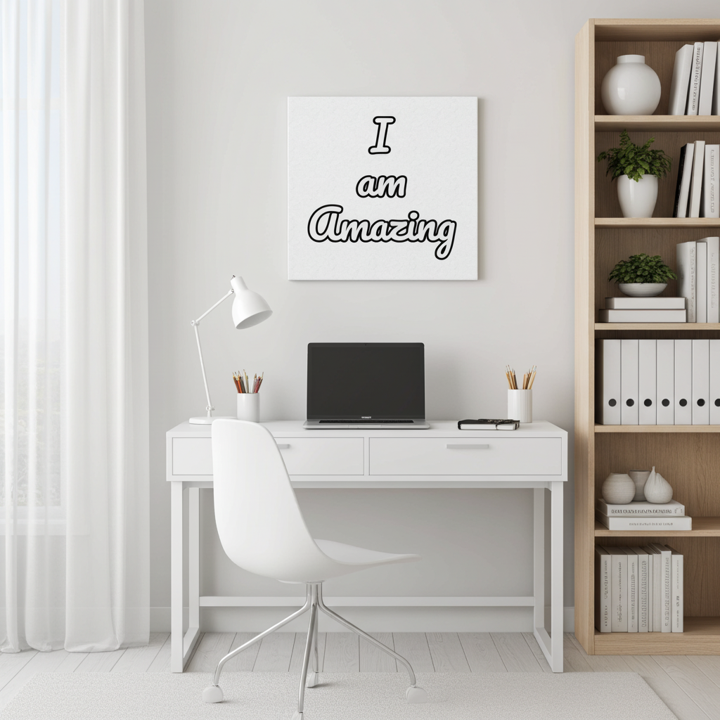 Modern home office with a desk, chair, laptop, lamp, and motivational canvas on a white wall.