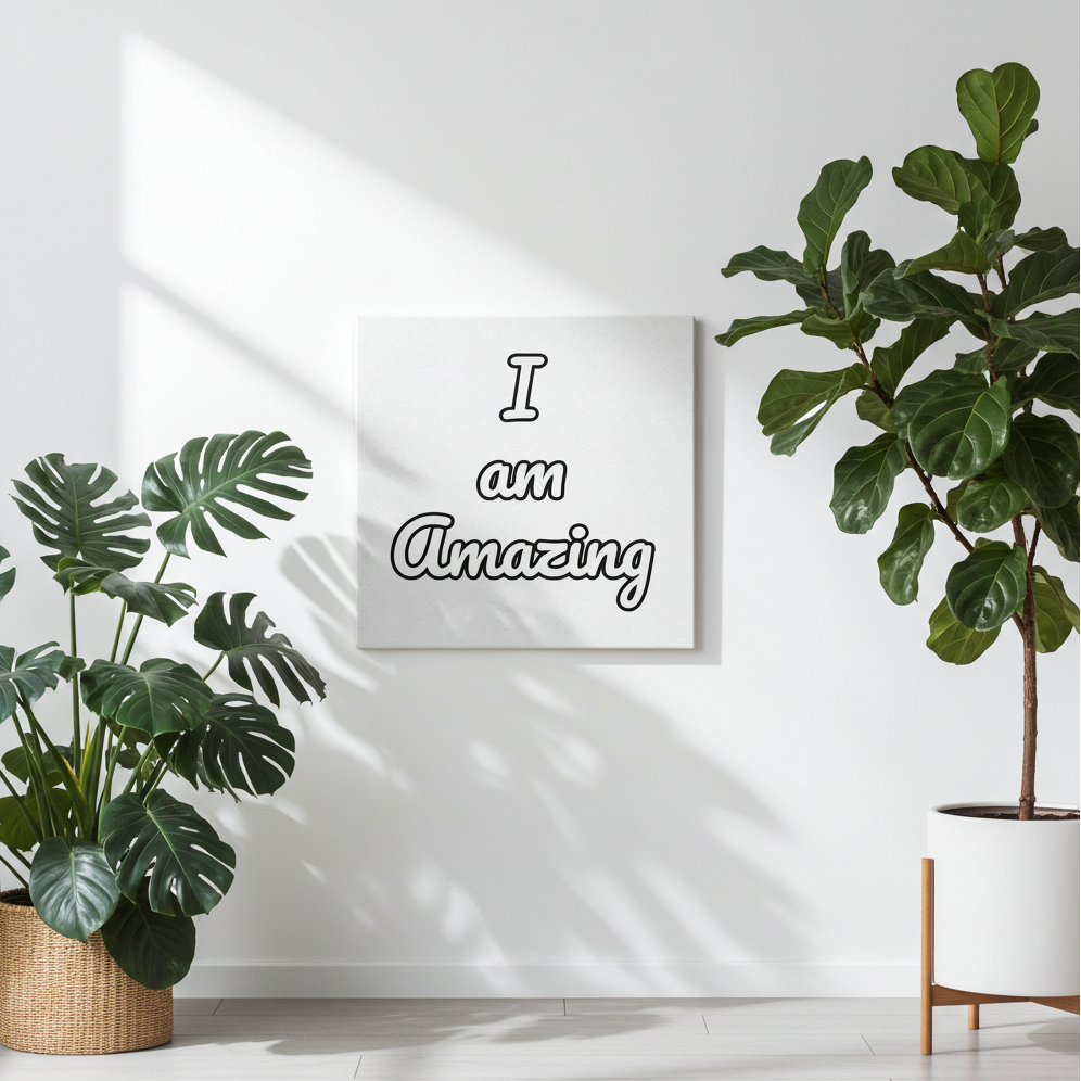 Decorative wall art with 'I am Amazing' canvas in a room with plants.