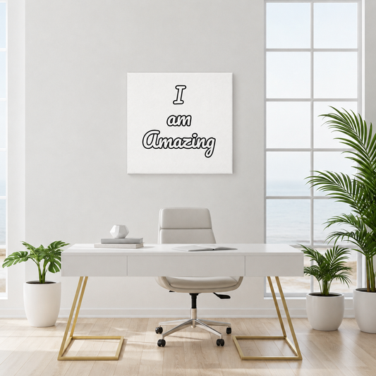 Modern office space with a desk, chair, and motivational canvas on a white wall.