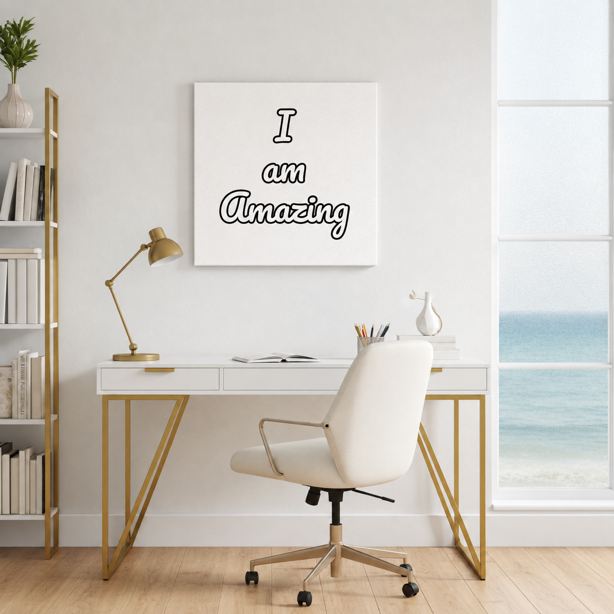 Modern home office with desk, chair, and motivational canvas.