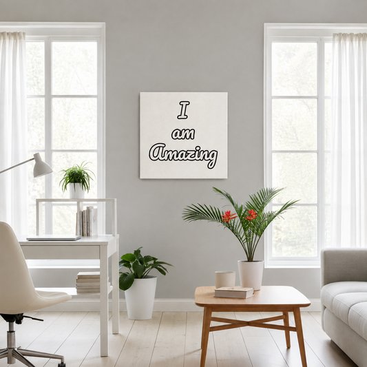 A canvas with the text 'I am Amazing' in black script, displayed on a light gray wall in a bright, modern living room with plants, a desk, and a sofa.