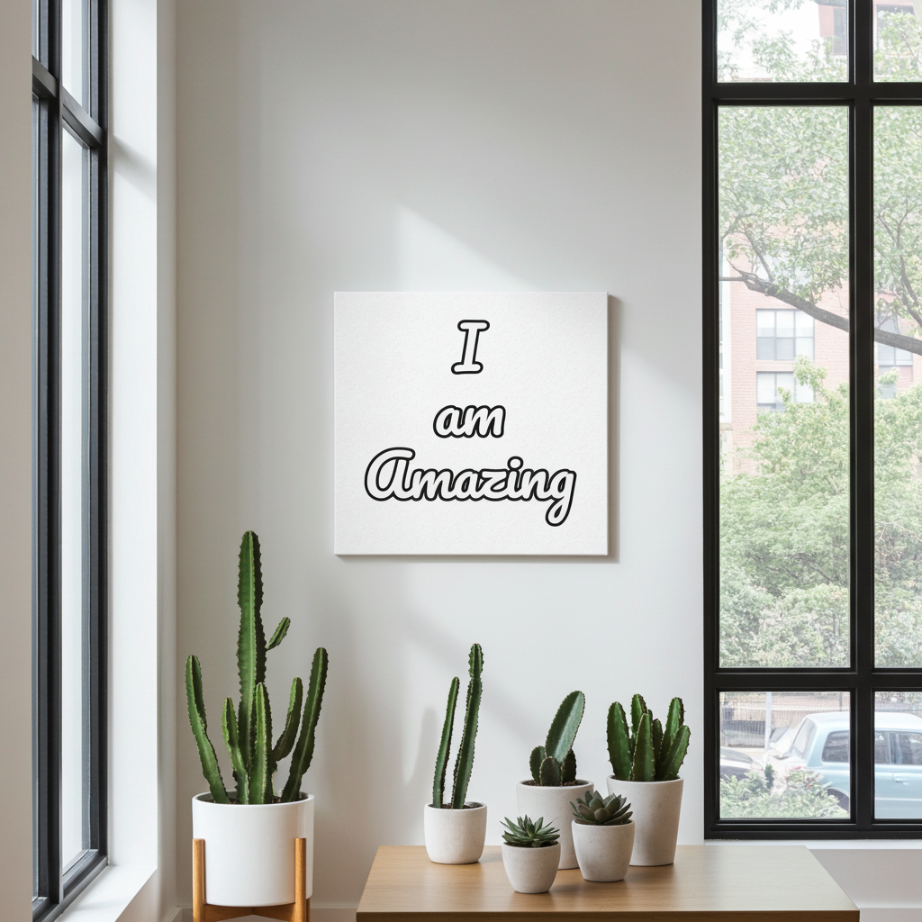 A square white wall art print with the text 'I am Amazing' in black outlined lettering, displayed on a light gray wall in a modern room setting with potted cacti on a wooden table below and large black-framed windows on both sides.