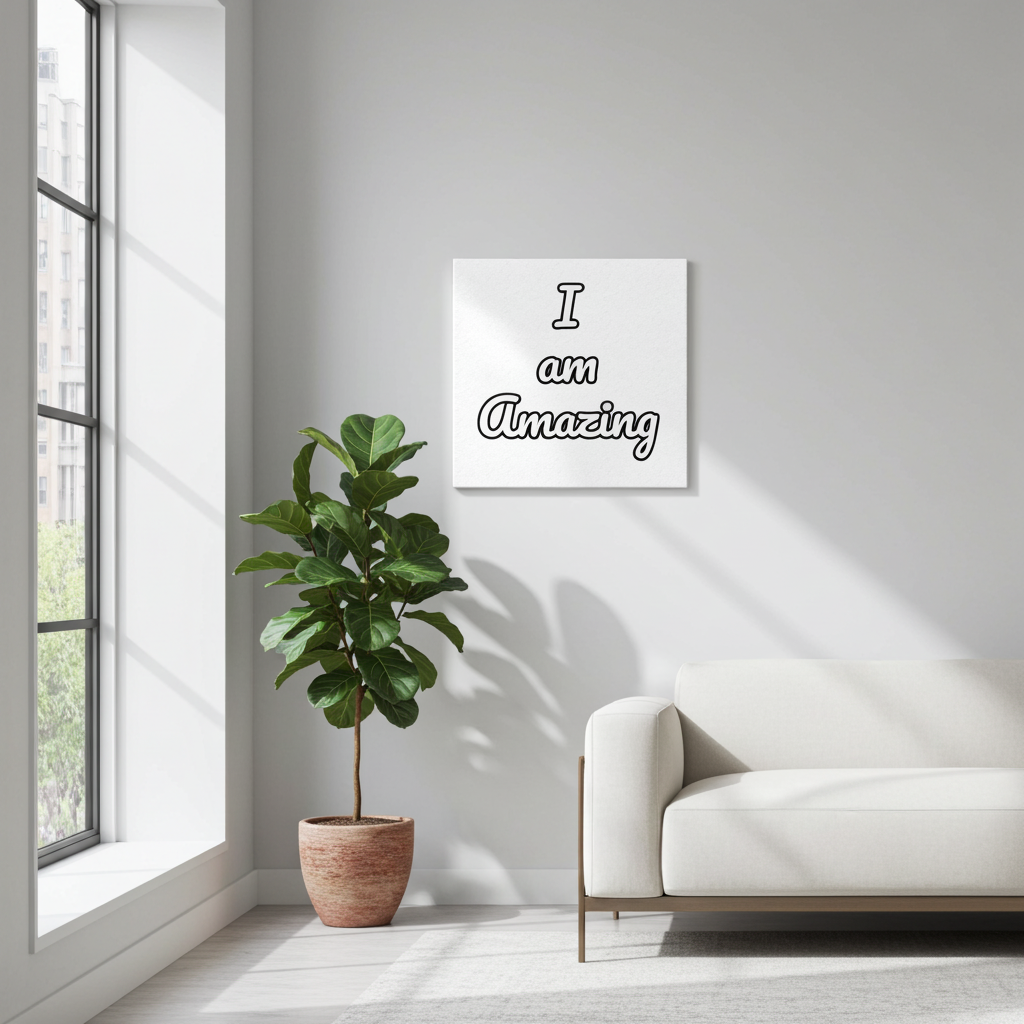 A square white wall art print with the text 'I am Amazing' in black script, displayed on a light gray wall in a modern living room setting with a white sofa, a potted green plant, and a large window.