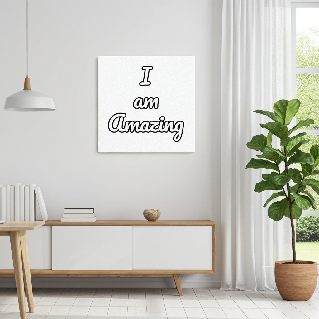 A square white wall art print with the text 'I am Amazing' in black outlined lettering, displayed in a bright, modern living room setting above a low wooden console table.