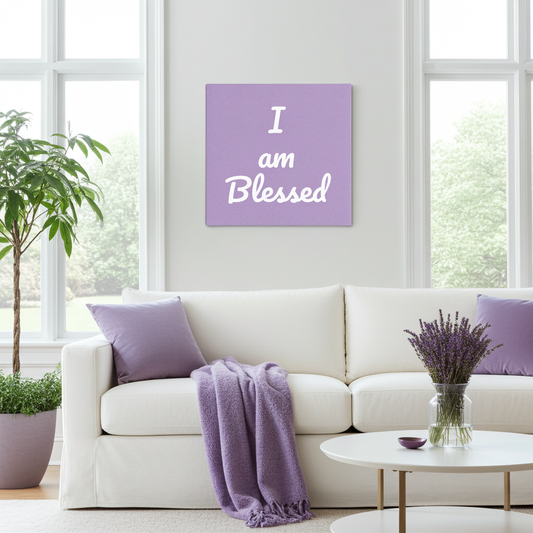 Living room with a white sofa, purple cushions, and a 'I am Blessed' sign on the wall.