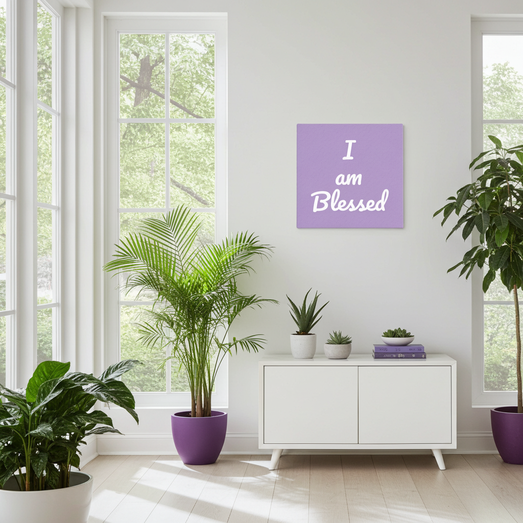 Living room with plants and a 'I am Blessed' canvas