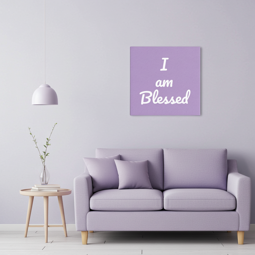 Purple sofa in a room with a 'I am Blessed' canvas print on the wall.