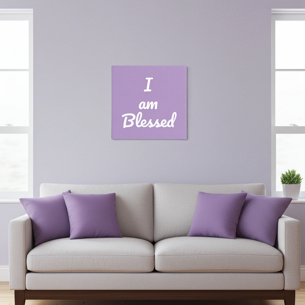 Living room with a white couch and purple pillows, featuring a motivational wall quote 'I am Blessed' on a light purple wall.