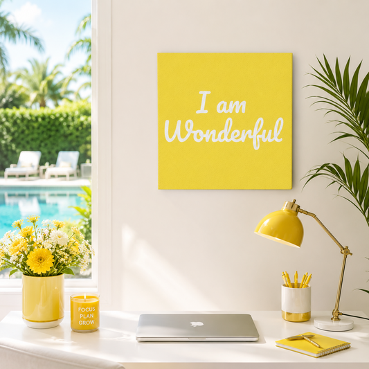 A bright yellow square wall art print with the phrase 'I am Wonderful' in white script hangs above a white desk in a styled home office. The scene includes a yellow desk lamp, a laptop, a yellow flower vase, and a poolside window view in the background.