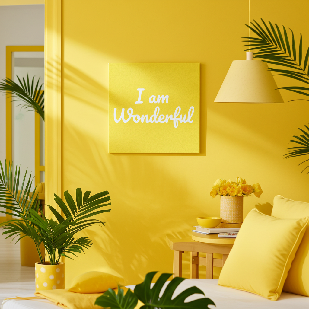 Yellow living room with 'I am Wonderful' canvas, plants, and a lamp.