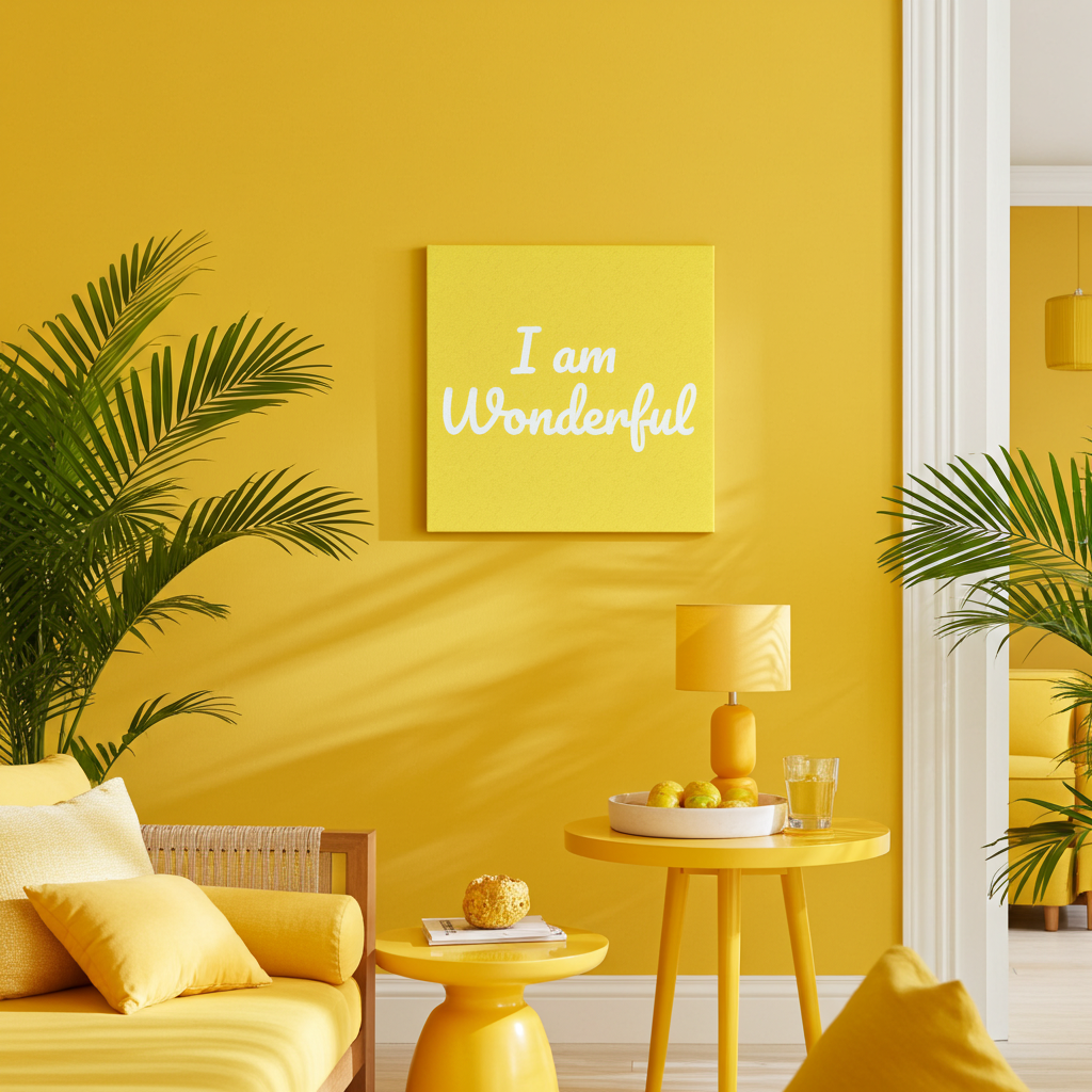 Yellow living room with 'I am Wonderful' artwork on a yellow wall.