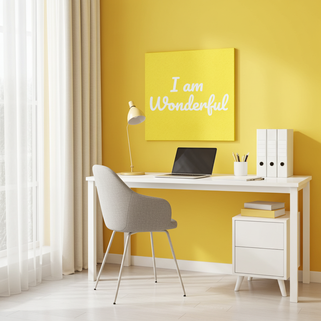 Home office with a yellow wall, white desk, gray chair, and motivational 'I am wonderful' canvas