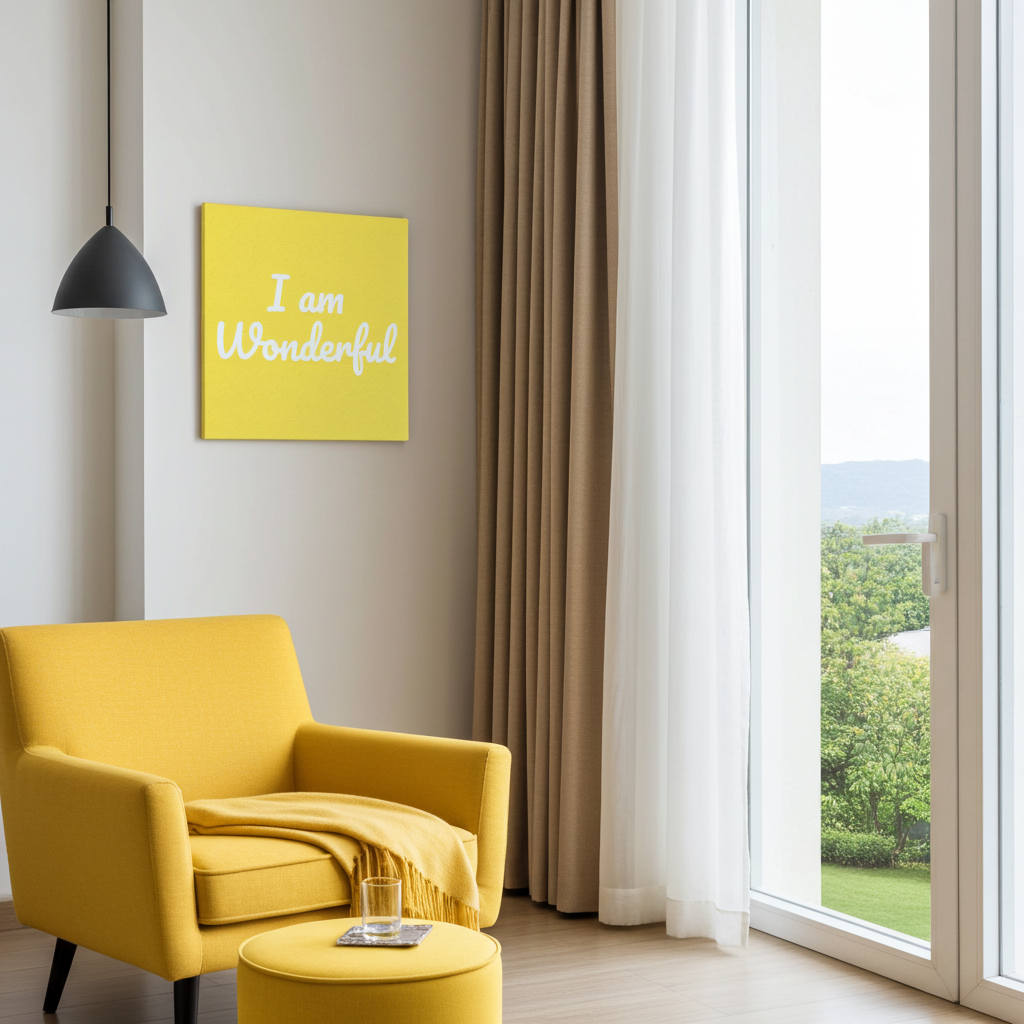 Yellow armchair and ottoman in a room with a 'I am Wonderful' canvas on the wall.