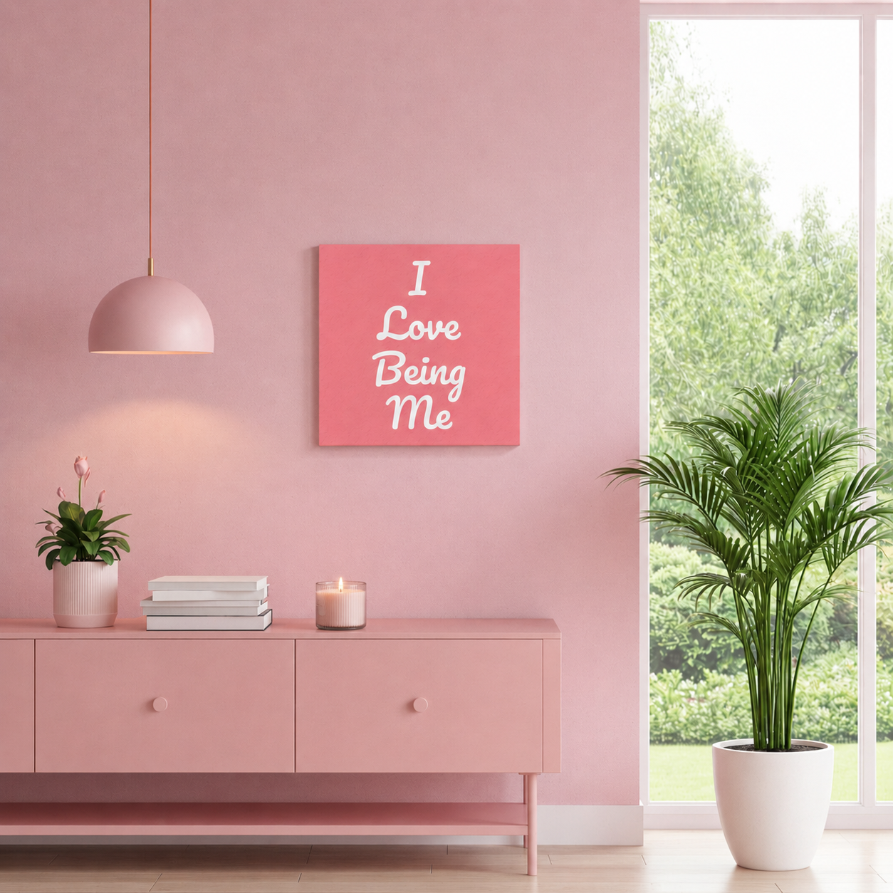 Pink wall with 'I Love Being Me' artwork, pink console table, and plants in a bright room.