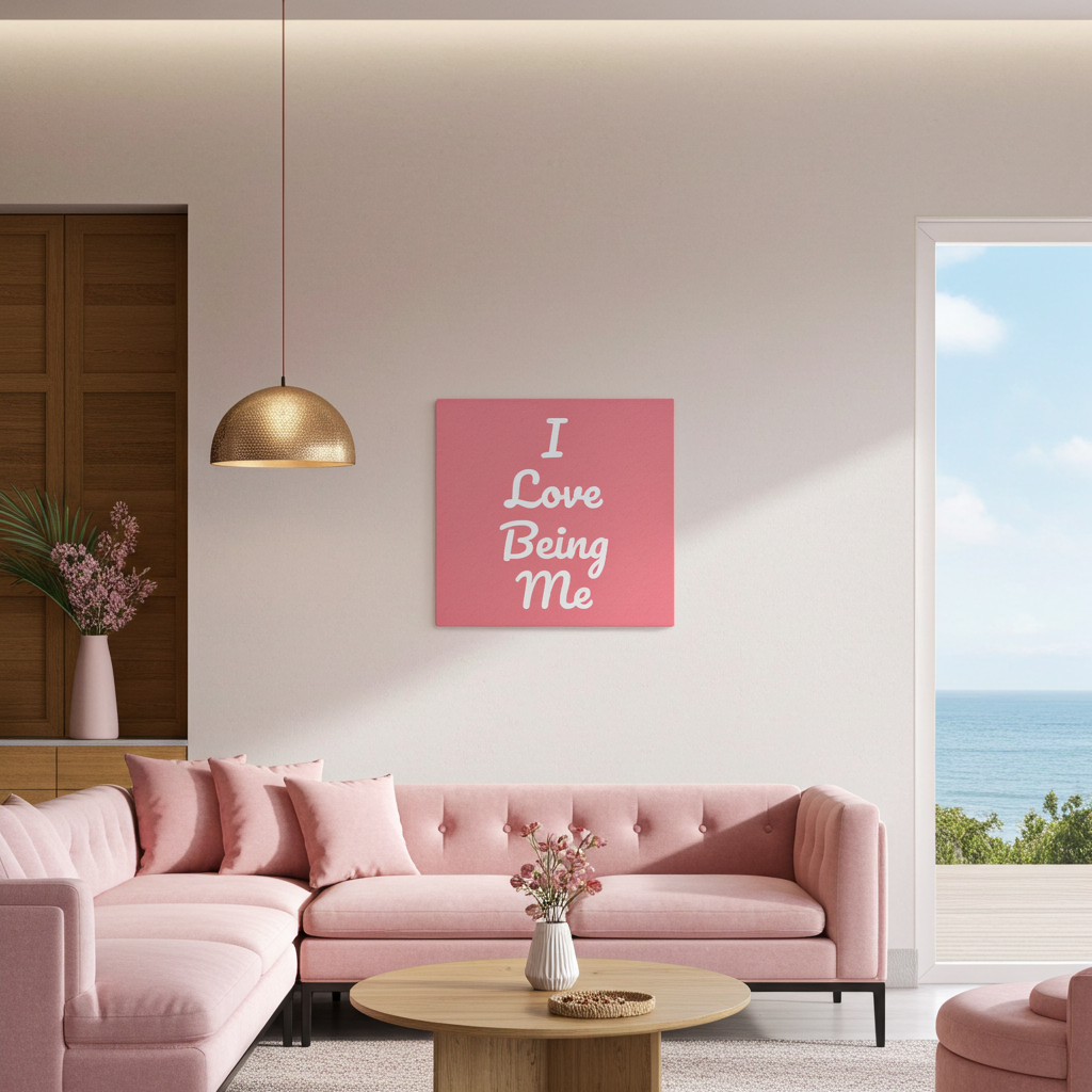 Living room with pink sofa, decorative vase, and 'I Love Being Me' artwork.