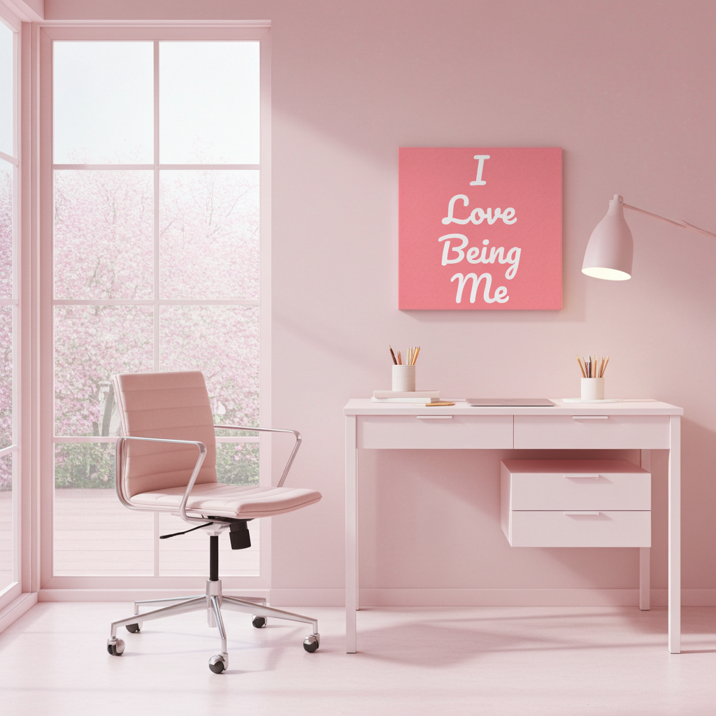 Pink office with a desk, chair, and motivational canvas on the wall.