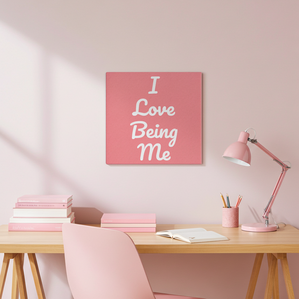 Pink wall with 'I Love Being Me' artwork, desk with books and lamp, and pink chair.