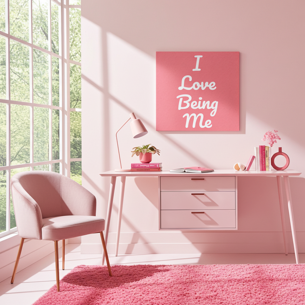 Pink office space with a desk, chair, and motivational canvas.