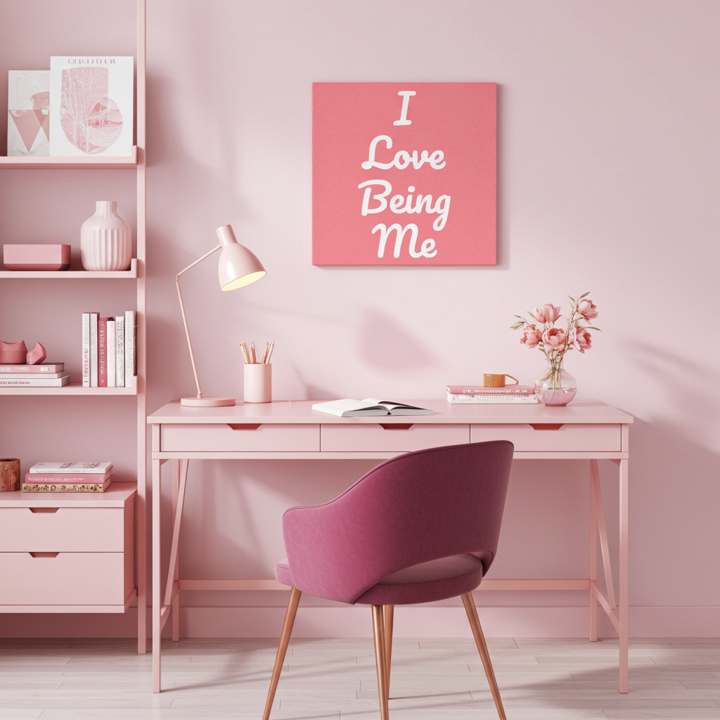 Pink office desk with chair, lamp, and 'I Love Being Me' poster on a pink wall.